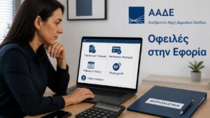 Πολίτης ελέγχει ηλεκτρονικά τις οφειλές του στην εφορία μέσω ψηφιακής υπηρεσίας της ΑΑΔΕ.