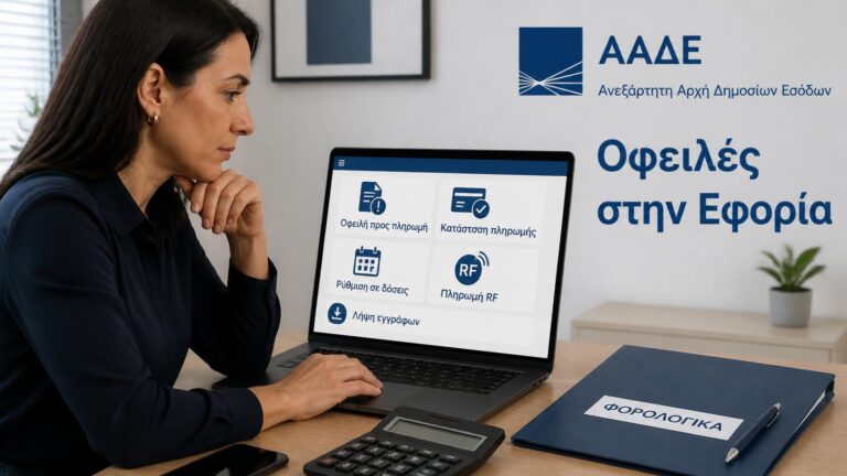Πολίτης ελέγχει ηλεκτρονικά τις οφειλές του στην εφορία μέσω ψηφιακής υπηρεσίας της ΑΑΔΕ.
