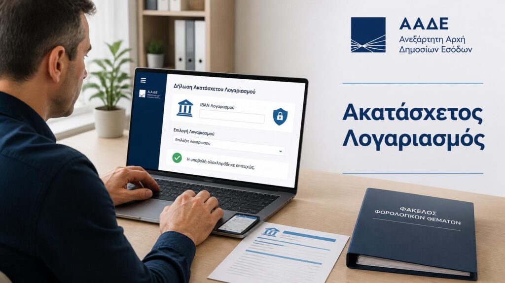 Πολίτης δηλώνει ακατάσχετο τραπεζικό λογαριασμό μέσω ψηφιακής υπηρεσίας της ΑΑΔΕ.