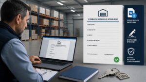 Ιδιοκτήτης εξετάζει υπόδειγμα μισθωτηρίου αποθήκης σε Word δίπλα σε επαγγελματικό αποθηκευτικό χώρο.