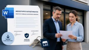 Ιδιοκτήτης και μισθωτής εξετάζουν υπόδειγμα μισθωτηρίου καταστήματος σε Word.