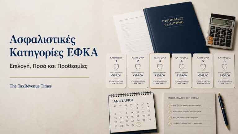 Ασφαλιστικές κατηγορίες ΕΦΚΑ μη μισθωτών με σύγκριση ποσών εισφορών, επιλογών και ετήσιων προθεσμιών.