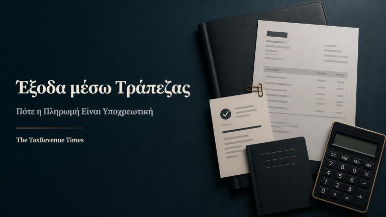 Τιμολόγιο επιχείρησης και τραπεζικό αποδεικτικό για επαγγελματικές δαπάνες που πληρώνονται υποχρεωτικά μέσω τράπεζας.