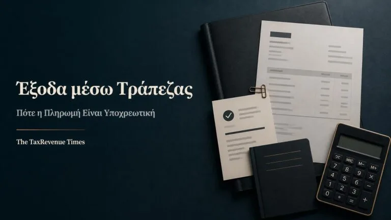 Τιμολόγιο επιχείρησης και τραπεζικό αποδεικτικό για επαγγελματικές δαπάνες που πληρώνονται υποχρεωτικά μέσω τράπεζας.