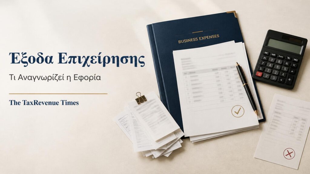 Επαγγελματικά παραστατικά, αριθμομηχανή και φάκελος για τα έξοδα επιχείρησης που αναγνωρίζονται φορολογικά.