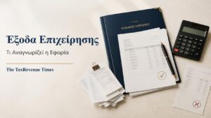 Επαγγελματικά παραστατικά, αριθμομηχανή και φάκελος για τα έξοδα επιχείρησης που αναγνωρίζονται φορολογικά.