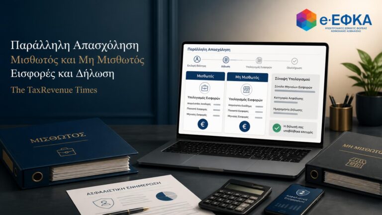 Παράλληλη απασχόληση στον e-ΕΦΚΑ για μισθωτό και μη μισθωτό με θεσμική editorial εικόνα για εισφορές και δήλωση.