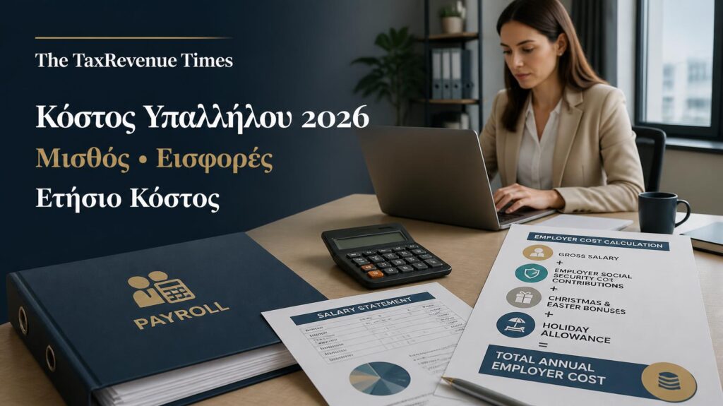 Πραγματικό κόστος υπαλλήλου γραφείου το 2026 με μισθό, εργοδοτικές εισφορές, δώρα, επίδομα αδείας και συνολικό ετήσιο κόστος.