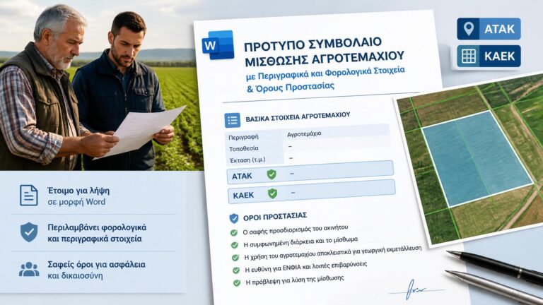 Ιδιοκτήτης και αγρότης εξετάζουν υπόδειγμα μισθωτηρίου αγροτεμαχίου με ΑΤΑΚ και ΚΑΕΚ.