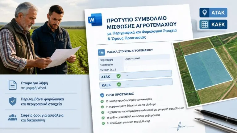 Ιδιοκτήτης και αγρότης εξετάζουν υπόδειγμα μισθωτηρίου αγροτεμαχίου με ΑΤΑΚ και ΚΑΕΚ.
