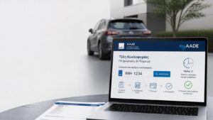 Αυτοκίνητο και ψηφιακή αναζήτηση τελών κυκλοφορίας μέσω της ηλεκτρονικής υπηρεσίας της ΑΑΔΕ.