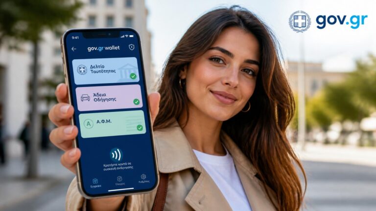 Κινητό με Gov.gr Wallet και ψηφιακή ταυτότητα, δίπλωμα οδήγησης και Προσωπικό Αριθμό.