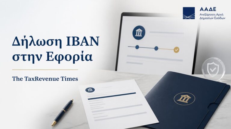 Δήλωση τραπεζικού λογαριασμού IBAN στην εφορία μέσω myAADE, με ηλεκτρονική καταχώρηση, έλεγχο στοιχείων και οριστική επιβεβαίωση.