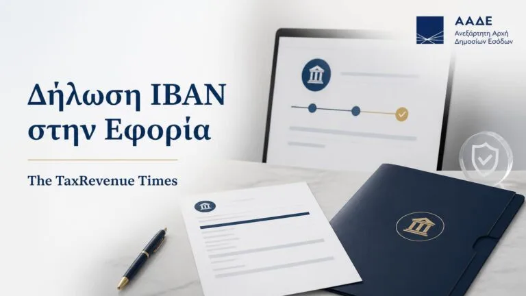 Δήλωση τραπεζικού λογαριασμού IBAN στην εφορία μέσω myAADE, με ηλεκτρονική καταχώρηση, έλεγχο στοιχείων και οριστική επιβεβαίωση.