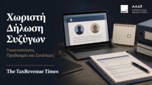 Θεσμική εικόνα για τη γνωστοποίηση χωριστής δήλωσης συζύγων στην ΑΑΔΕ, με έμφαση στην προθεσμία, τη διαδικασία και τις συνέπειες.
