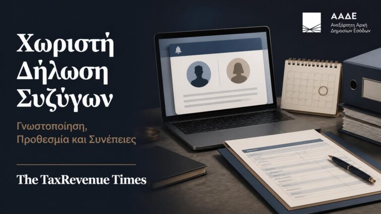 Θεσμική εικόνα για τη γνωστοποίηση χωριστής δήλωσης συζύγων στην ΑΑΔΕ, με έμφαση στην προθεσμία, τη διαδικασία και τις συνέπειες.