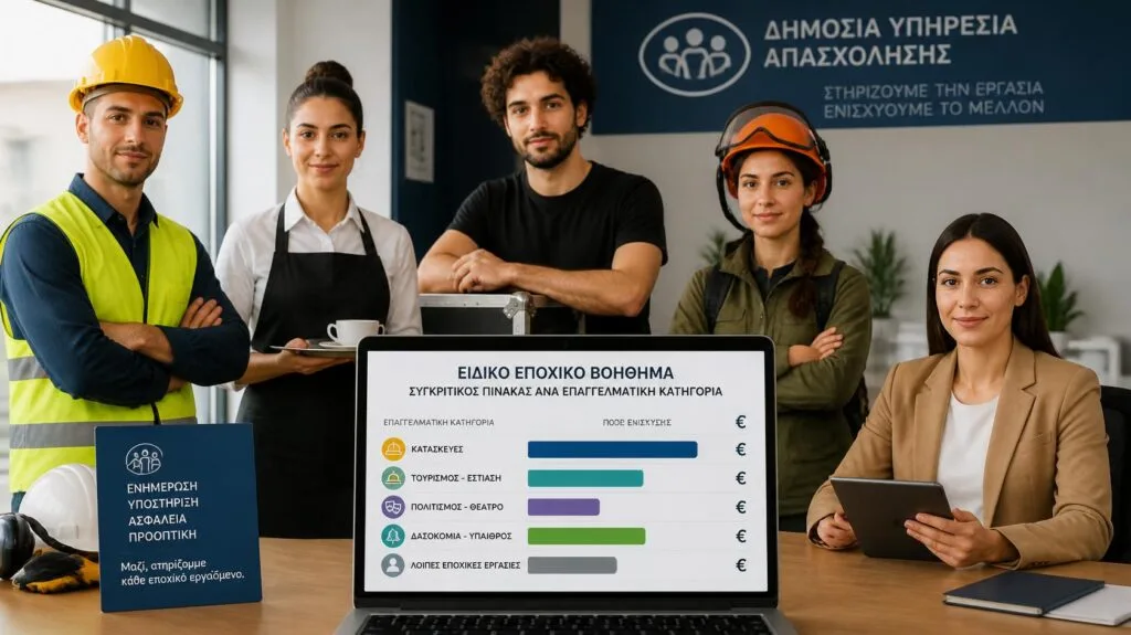 Εποχικοί εργαζόμενοι με πίνακα σύγκρισης των ποσών του ειδικού εποχικού βοηθήματος ΔΥΠΑ ανά επάγγελμα.