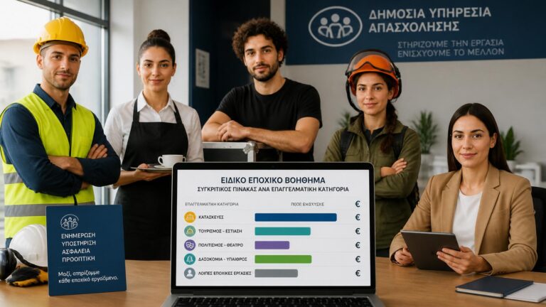 Εποχικοί εργαζόμενοι με πίνακα σύγκρισης των ποσών του ειδικού εποχικού βοηθήματος ΔΥΠΑ ανά επάγγελμα.
