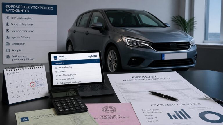 Αυτοκίνητο με φορολογικά έγγραφα και υπολογισμό τεκμηρίων, τελών κυκλοφορίας και υποχρεώσεων ιδιοκτήτη.