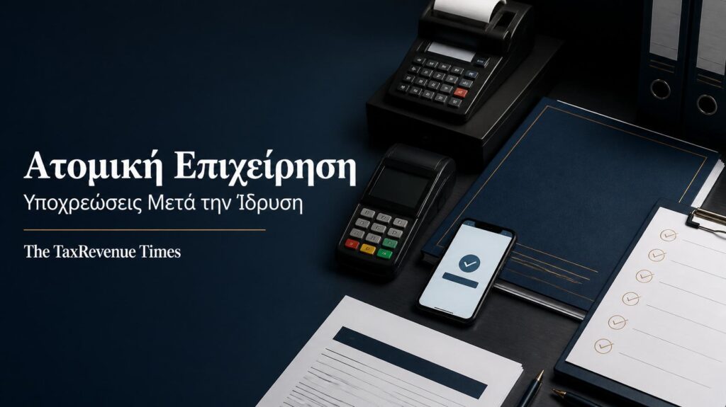 POS, επαγγελματικός λογαριασμός και οργανωμένος φάκελος με τις βασικές υποχρεώσεις ατομικής επιχείρησης μετά την ίδρυση.