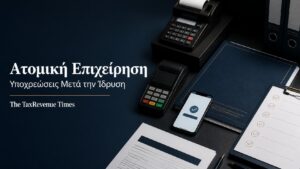 POS, επαγγελματικός λογαριασμός και οργανωμένος φάκελος με τις βασικές υποχρεώσεις ατομικής επιχείρησης μετά την ίδρυση.