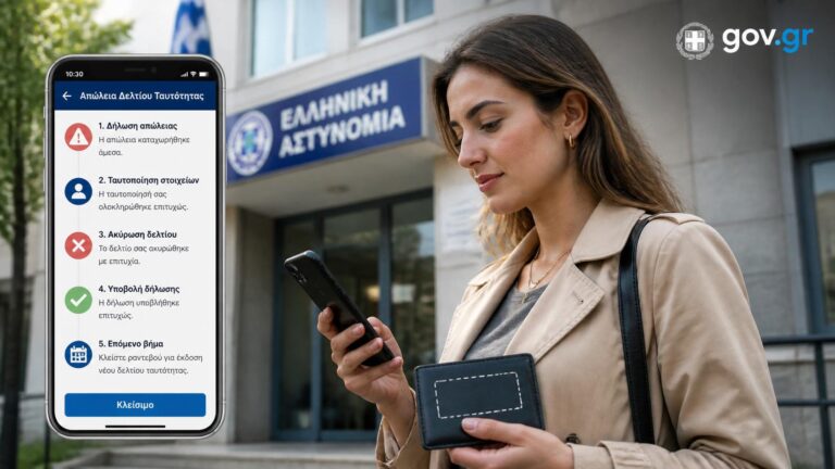 Πολίτης δηλώνει άμεσα την απώλεια αστυνομικής ταυτότητας μέσω gov.gr από κινητό.