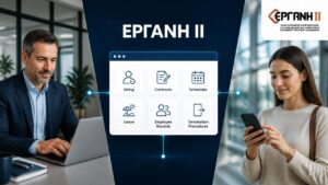 Εργαζόμενος και επιχείρηση χρησιμοποιούν το νέο σύστημα ΕΡΓΑΝΗ ΙΙ για εργασιακές διαδικασίες.
