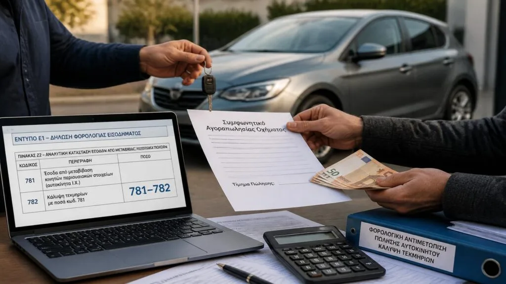 Πώληση αυτοκινήτου με δήλωση του ποσού στο Ε1, στους κωδικούς 781-782, για κάλυψη τεκμηρίων.
