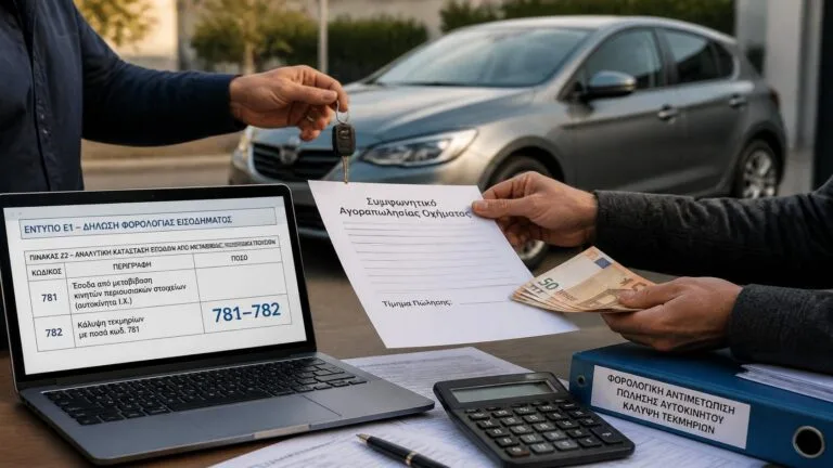 Πώληση αυτοκινήτου με δήλωση του ποσού στο Ε1, στους κωδικούς 781-782, για κάλυψη τεκμηρίων.