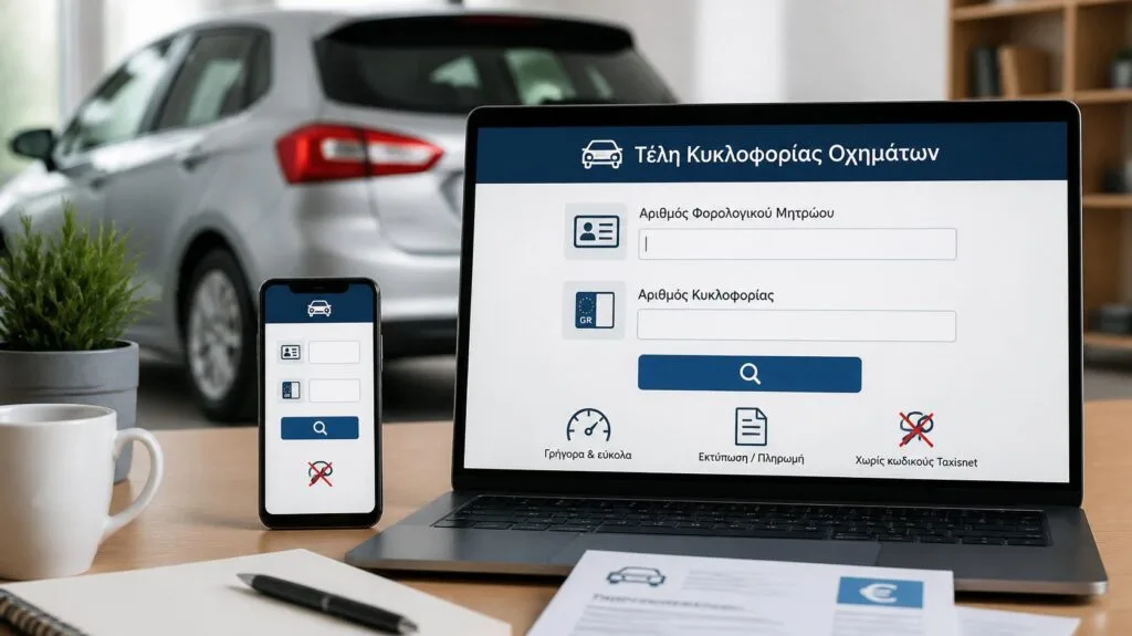Αυτοκίνητο και αναζήτηση τελών κυκλοφορίας χωρίς Taxisnet με ΑΦΜ και αριθμό κυκλοφορίας.