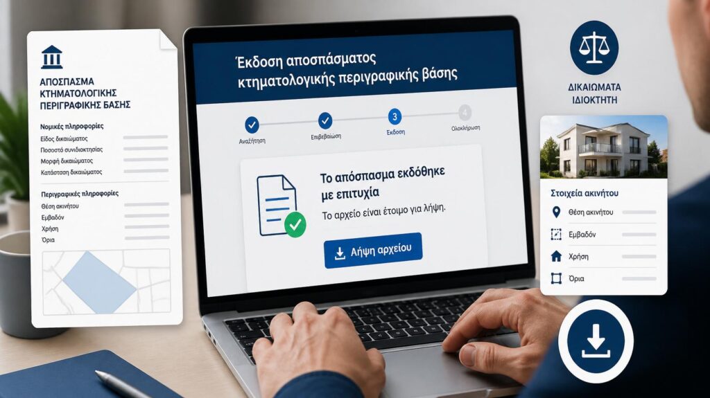 Ιδιοκτήτης εκδίδει online απόσπασμα περιγραφικής βάσης Κτηματολογίου με στοιχεία ακινήτου.