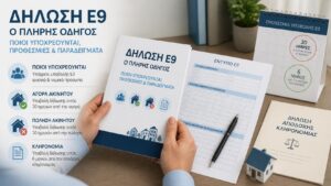 Ιδιοκτήτης εξετάζει πλήρη οδηγό δήλωσης Ε9 για αγορά, πώληση και κληρονομιά ακινήτου.