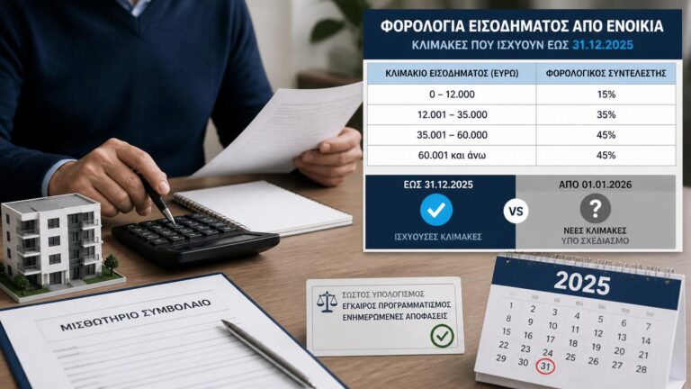 Ιδιοκτήτης υπολογίζει τη φορολογία ενοικίων με την κλίμακα που ίσχυε έως το τέλος του 2025.
