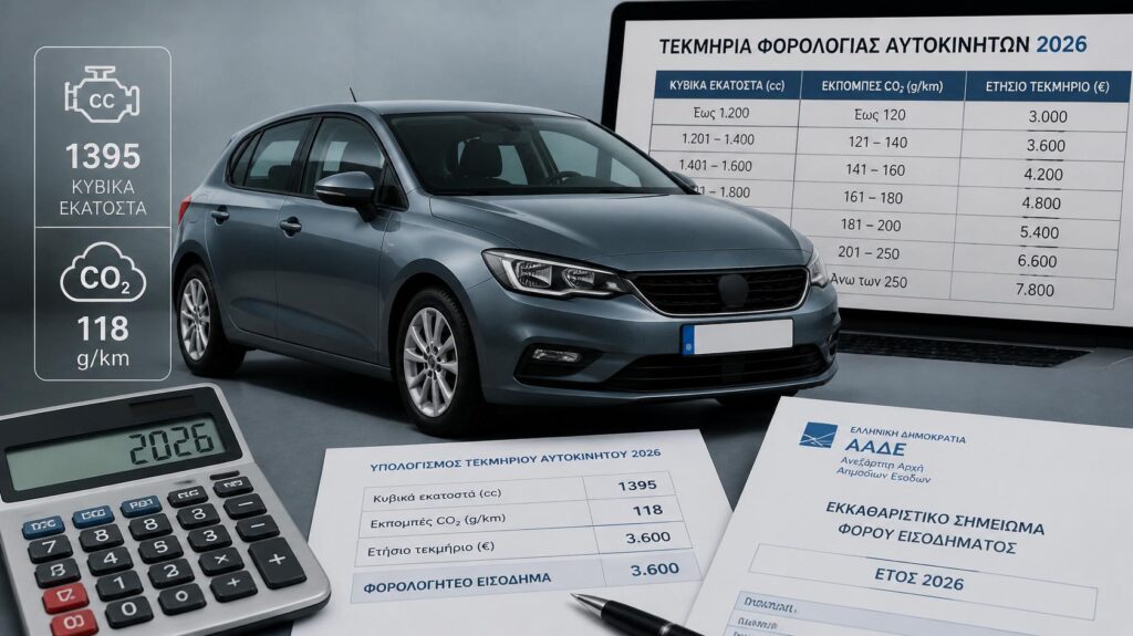 Αυτοκίνητο με πίνακες υπολογισμού τεκμηρίων 2026 βάσει κυβικών και εκπομπών CO₂.