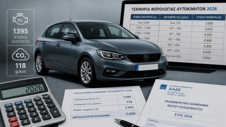 Αυτοκίνητο με πίνακες υπολογισμού τεκμηρίων 2026 βάσει κυβικών και εκπομπών CO₂.