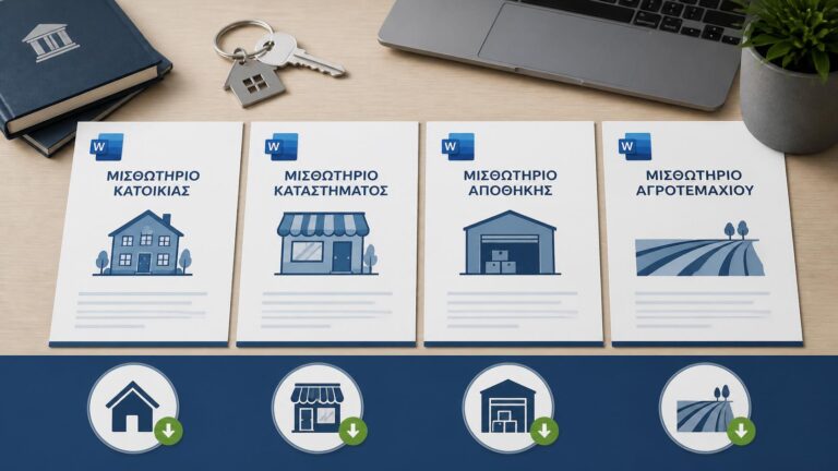 Υποδείγματα μισθωτηρίων Word για κατοικία, κατάστημα, αποθήκη και αγροτεμάχιο.