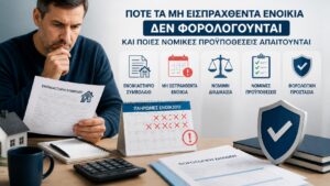 Ιδιοκτήτης εξετάζει ανείσπρακτα ενοίκια, νομικά δικαιολογητικά και φορολογικές προϋποθέσεις.