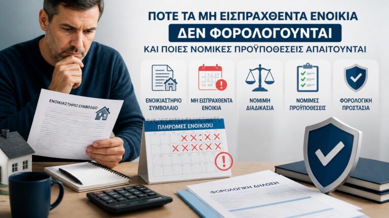 Ιδιοκτήτης εξετάζει ανείσπρακτα ενοίκια, νομικά δικαιολογητικά και φορολογικές προϋποθέσεις.