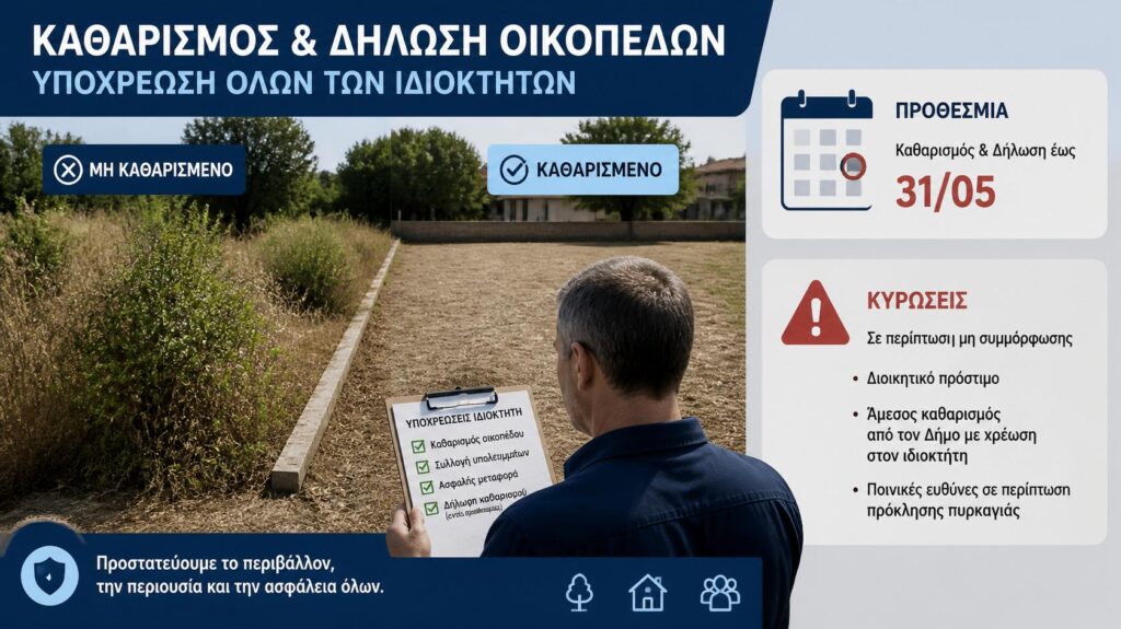 Ακαθάριστο και καθαρισμένο οικόπεδο με προθεσμία δήλωσης και προειδοποίηση κυρώσεων.