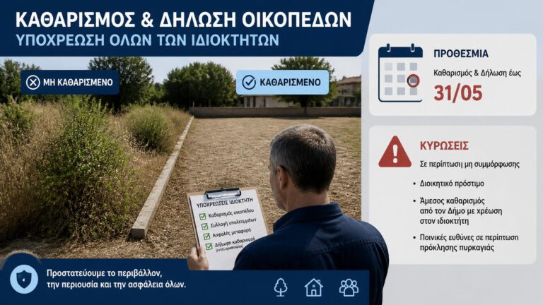 Ακαθάριστο και καθαρισμένο οικόπεδο με προθεσμία δήλωσης και προειδοποίηση κυρώσεων.