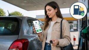 Οδηγός υποβάλλει αίτηση για το Fuel Pass 2026 από το κινητό σε πρατήριο καυσίμων.