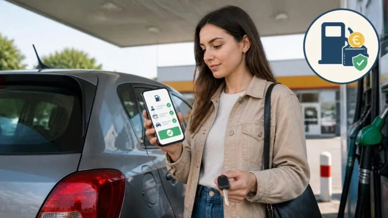 Οδηγός υποβάλλει αίτηση για το Fuel Pass 2026 από το κινητό σε πρατήριο καυσίμων.