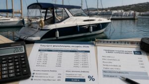 Σκάφος αναψυχής με πίνακα υπολογισμού τεκμηρίου ανά μέτρο και φόρου πολυτελούς διαβίωσης για το 2026.