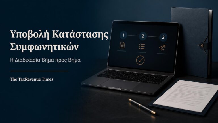 Ηλεκτρονική διαδικασία υποβολής κατάστασης συμφωνητικών με οργανωμένο φάκελο, έγγραφο συμφωνητικού και επιβεβαίωση ολοκλήρωσης.