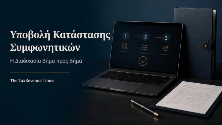 Ηλεκτρονική διαδικασία υποβολής κατάστασης συμφωνητικών με οργανωμένο φάκελο, έγγραφο συμφωνητικού και επιβεβαίωση ολοκλήρωσης.