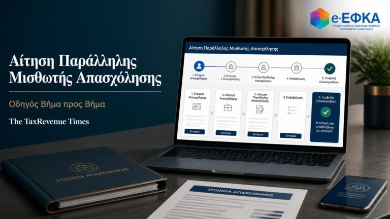 Αίτηση παράλληλης μισθωτής απασχόλησης στον e-ΕΦΚΑ με θεσμική editorial εικόνα ψηφιακής υποβολής βήμα προς βήμα.