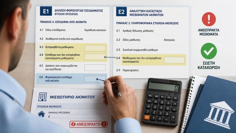 Ιδιοκτήτης συμπληρώνει τους σωστούς κωδικούς Ε1 και Ε2 για ανείσπρακτα ενοίκια.