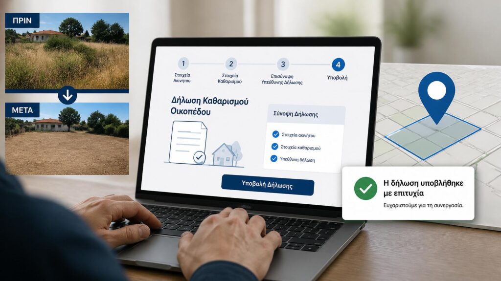 Ιδιοκτήτης υποβάλλει ηλεκτρονικά δήλωση καθαρισμού για καθαρισμένο οικόπεδο.