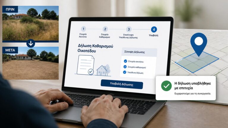 Ιδιοκτήτης υποβάλλει ηλεκτρονικά δήλωση καθαρισμού για καθαρισμένο οικόπεδο.
