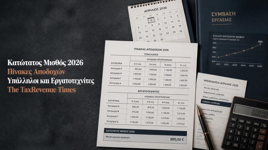 Κατώτατος μισθός 2026 με πίνακες αποδοχών για υπαλλήλους και εργατοτεχνίτες, ανά προϋπηρεσία και τριετίες.